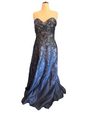 Rene Ruiz Strapless Blue and Black Jacquard Gown